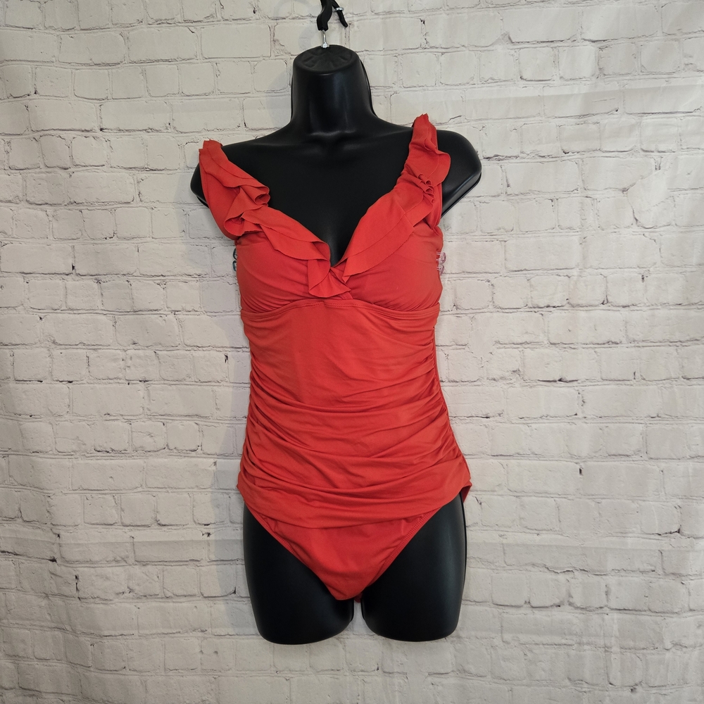 Lauren Ralph Layte Red‎ Ruffled One-Piece Swimsuit Sz 14